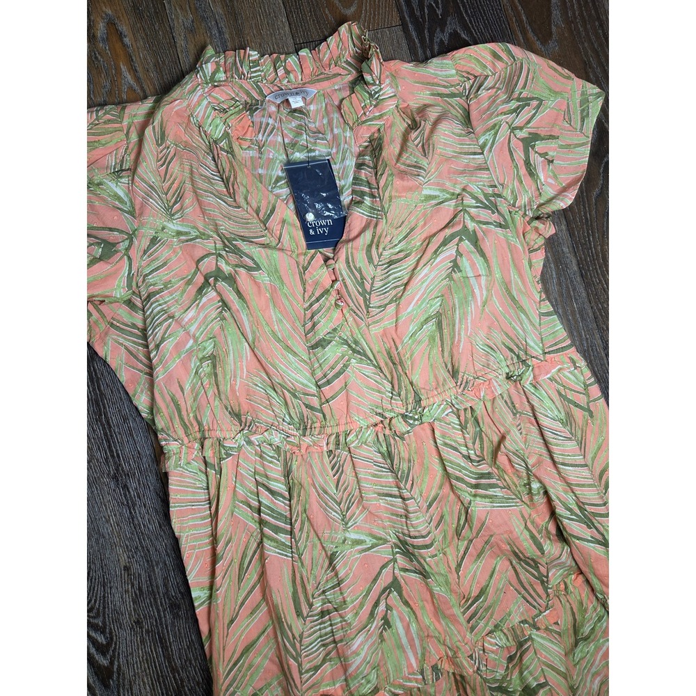 Crown & Ivy Womens XL Coral Palm Tiered Maxi Dress Ruffle Neck Short Sleeve NWT - Picture 4 of 6